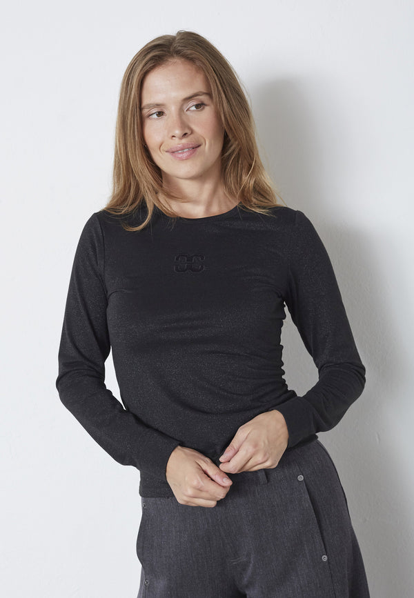 MannyCC Lurex Emb L/S Tee - Zwart