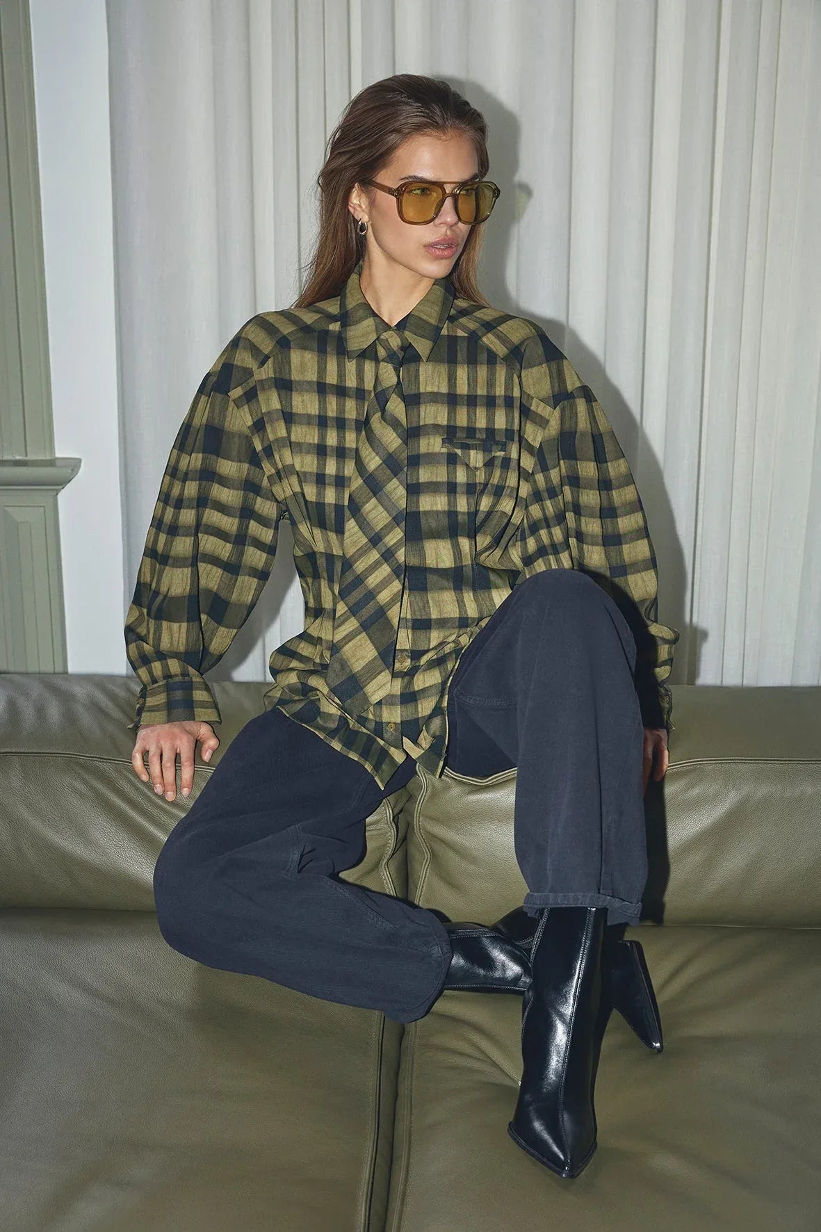 KyelCC Check Tie Pleat Shirt