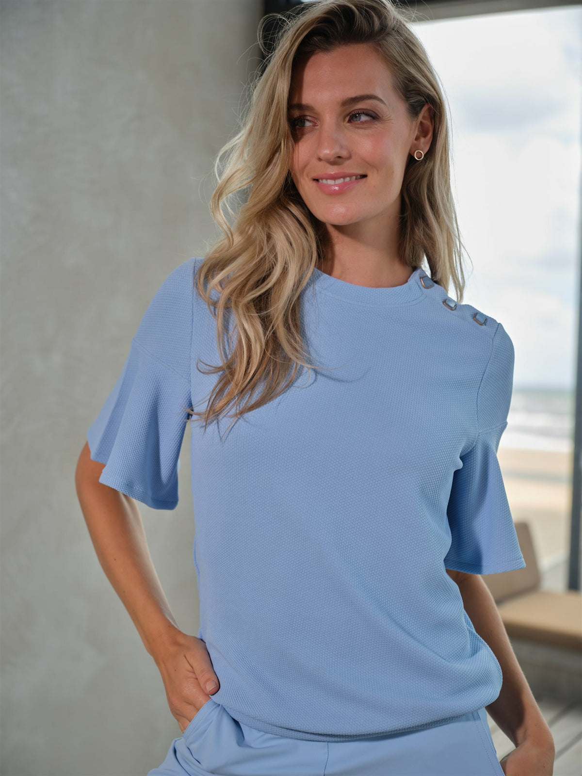 Top Fancy Sweat Button Detail - Blauw