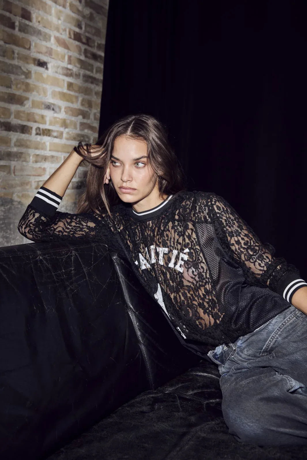 Lace LS Football Blouse - Zwart