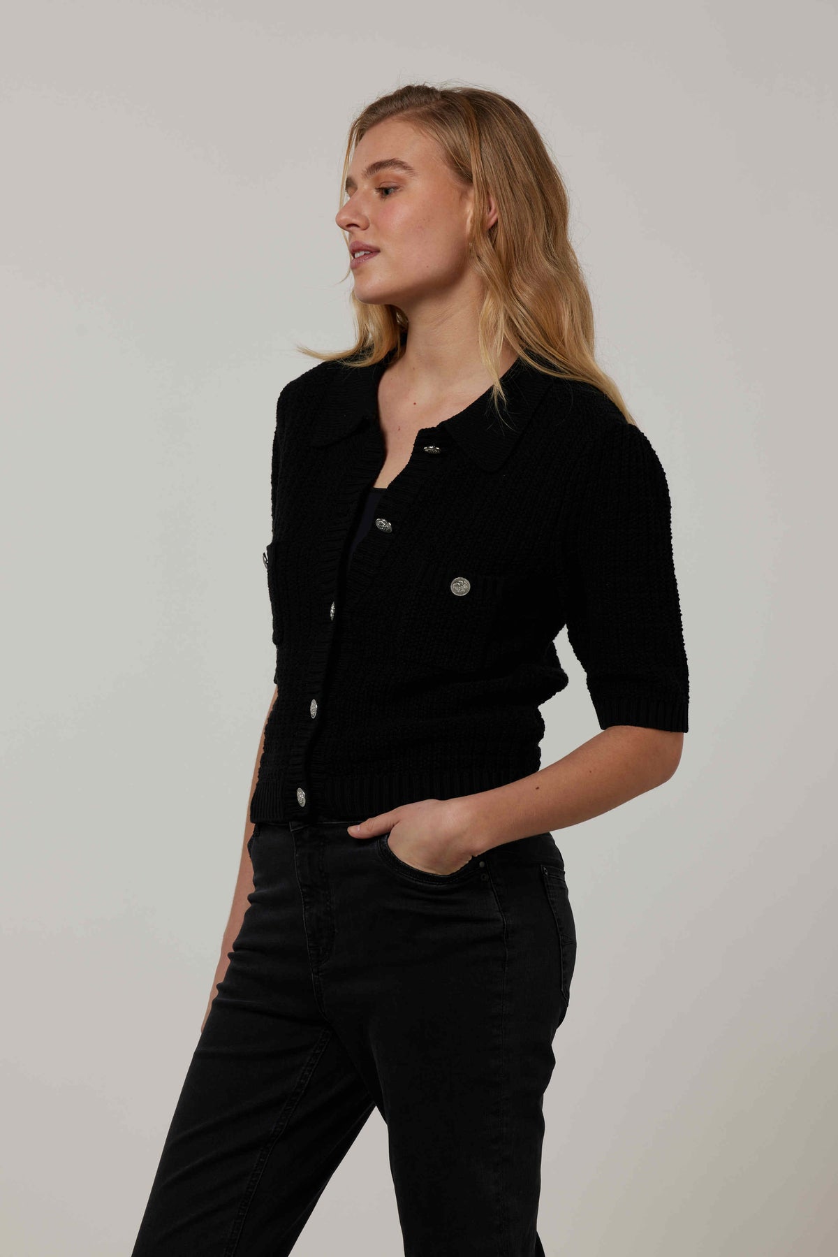 Cardigan S/S Pockets - Zwart