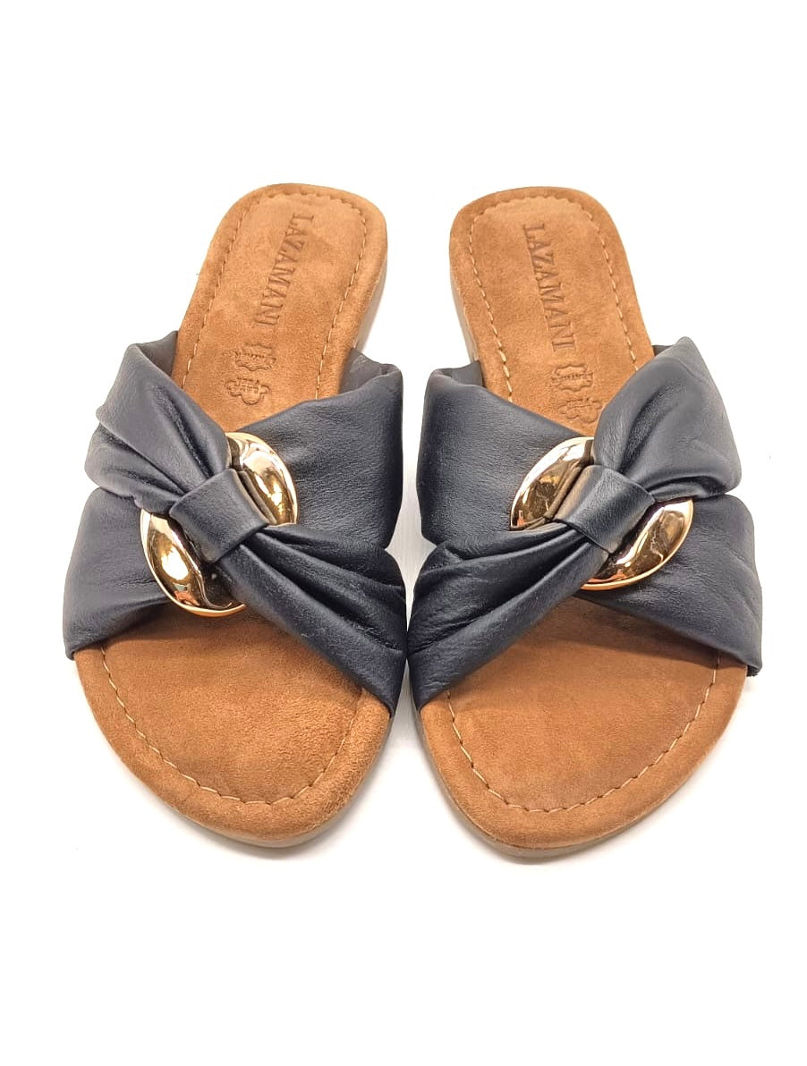 ladies mules crossed strap/chain - Zwart
