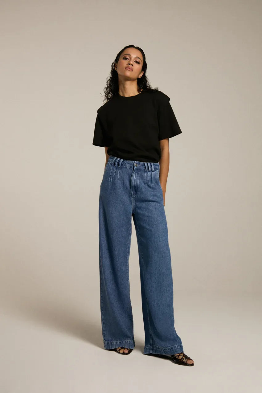 Flowy Palazzo Jeans with Pleats - Zwart