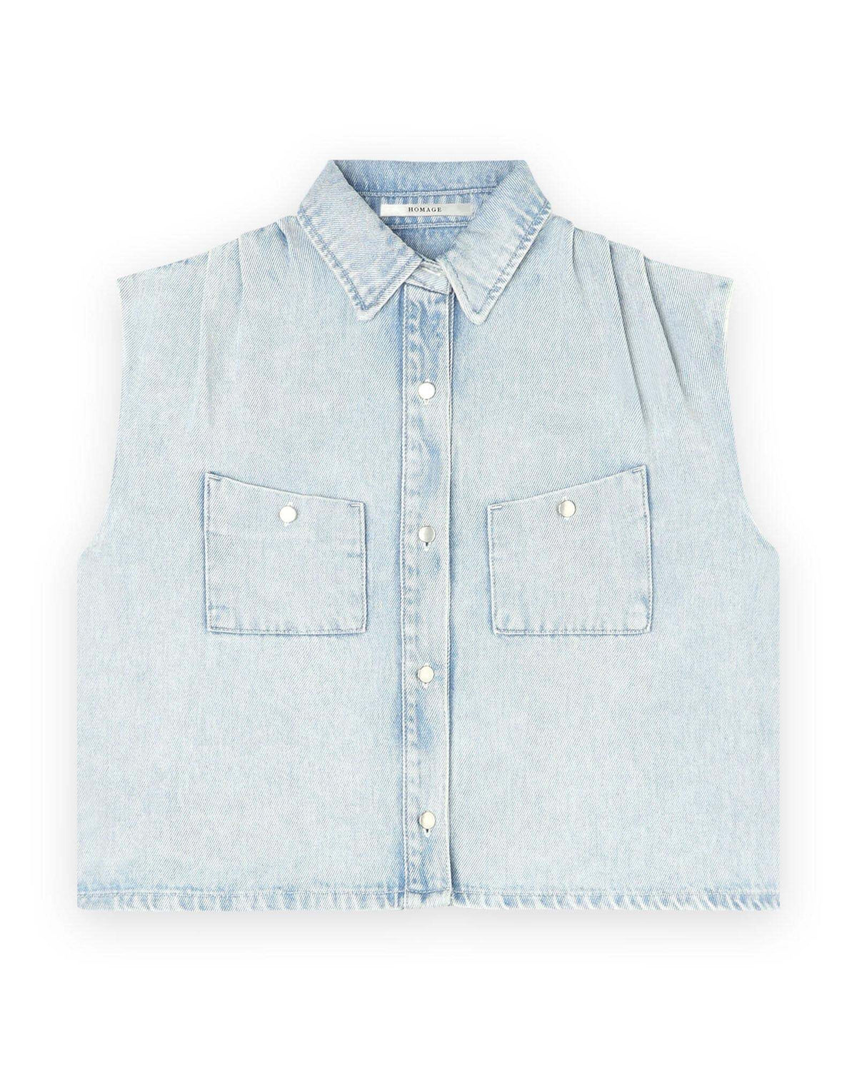 Sleeveless Denim Blouse With Pleats - Blauw