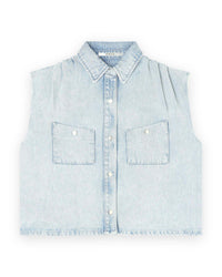 Sleeveless Denim Blouse With Pleats - Blauw