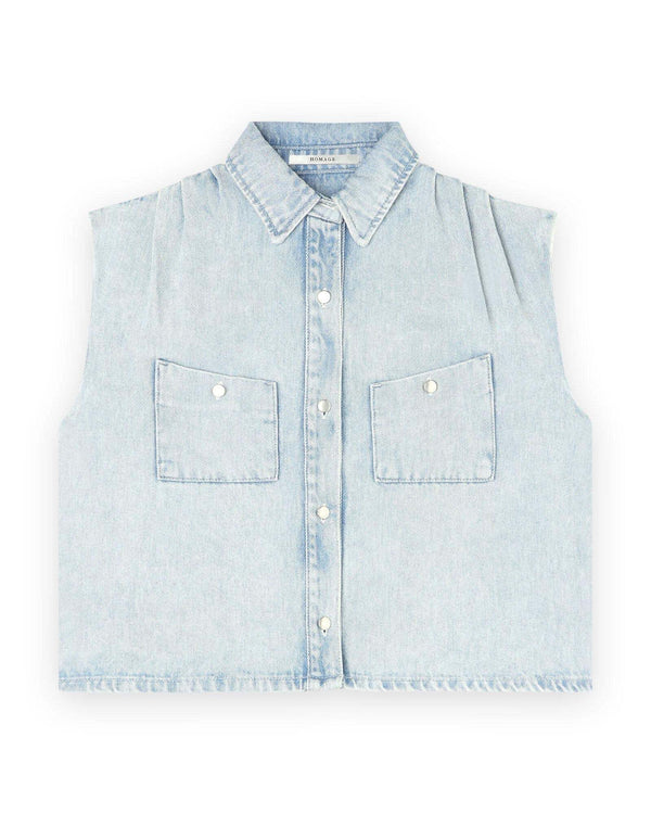Sleeveless Denim Blouse With Pleats - Blauw