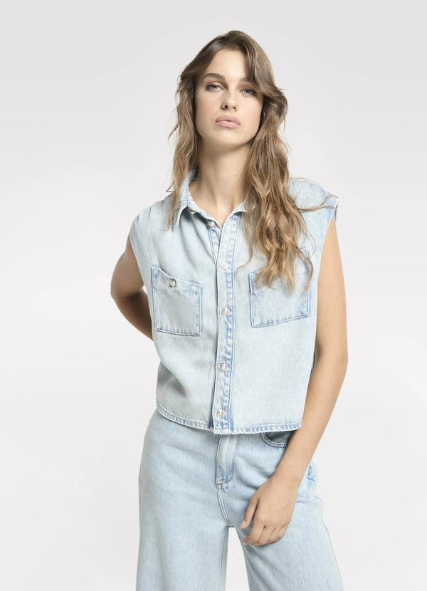 Sleeveless Denim Blouse With Pleats - Blauw