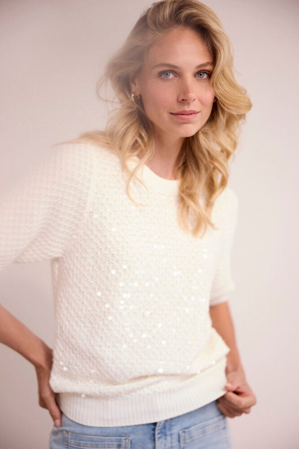 Sequin Short-Sleeve Jumper - Wit
